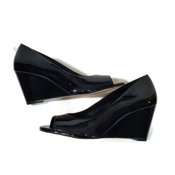 Sole Society Patent Leather Chaya Wedge Sandal Black Size 7.5 3" Wedge Peep-toe - Picture 3 of 10